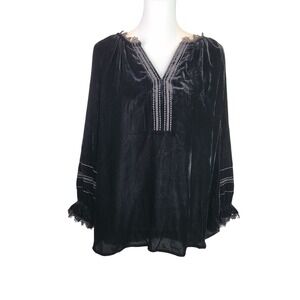 Democracy Black Velvet V-Neck Boho Blouse Lace Trim Ruffle Sleeve 1X Gothic